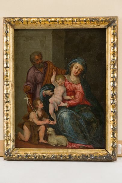 Ecole Italienne du XVIIe La Sainte Famille avec Saint Jean Baptiste
Cuivre
27 x 21,5...