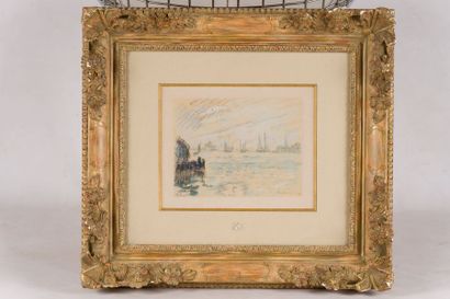 Paul SIGNAC (1863-1935) 
Port d'Amsterdam
Crayon et aquarelle contrecollé sur papier...