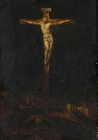École FLAMANDE vers 1640 NON PRESENTE  *La Crucifixion Panneau de chêne, une planche,...