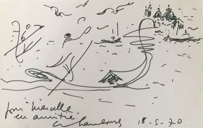 André HAMBOURG(1909-1999) 
Gondoles à Venise, 1970
Feutre noir, signé, dédicacé et...