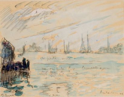 Paul SIGNAC (1863-1935) 
Port d'Amsterdam
Crayon et aquarelle contrecollé sur papier...
