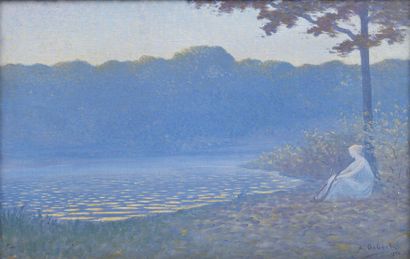 Alphonse OSBERT (1857-1939) 
Rêveuse au bord de l'étang, 1900
Huile sur toile, signée...