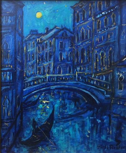 Émile ROCHER (1928-2014) 
Magie de la nuit à Venise
Huile sur toile, signée en bas...
