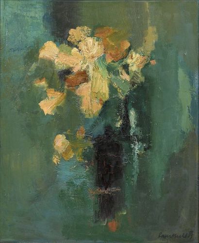 Roger MUHL (1929-2008) 
Bouquet fond vert, 1959
Huile sur toile, signée et datée...