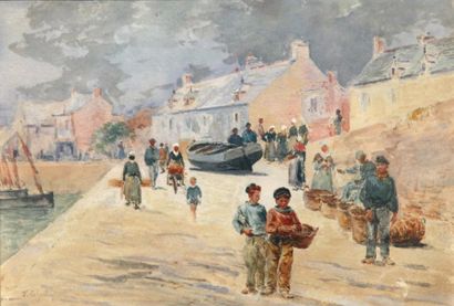 Fernand LEGOUD-GERARD (1856-1924) Pêcheurs sur le quai Aquarelle, signée en bas à...