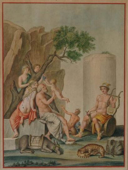 Ecole française du XVIIIe siècle Scène avec Mercure et Bacchus Gouache. 39 x 30 cm...