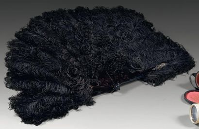 DUVELLEROY Eventail en plumes d'autruches teintées noir. Les brins en écaille brune,...