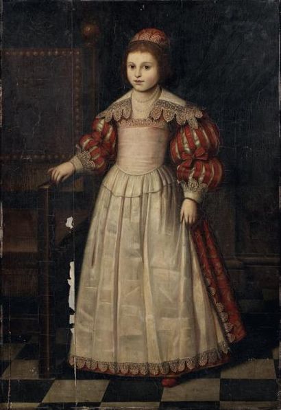 Ecole hollandaise du XVIIe siècle Portrait de fillette debout Panneau de chêne trois...