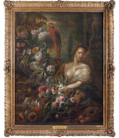 Ecole allemande du XVIIIe siècle Femme devant une gerbe de fleurs avec un perroquet...