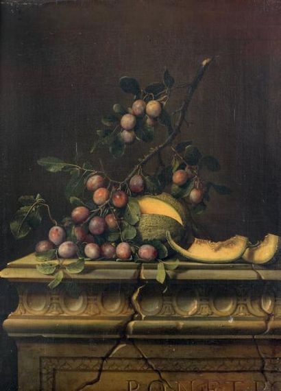 Pierre DUPUIS (Montfort-l'Amaury 1610 - Paris 1682) Nature morte aux prunes et melon...