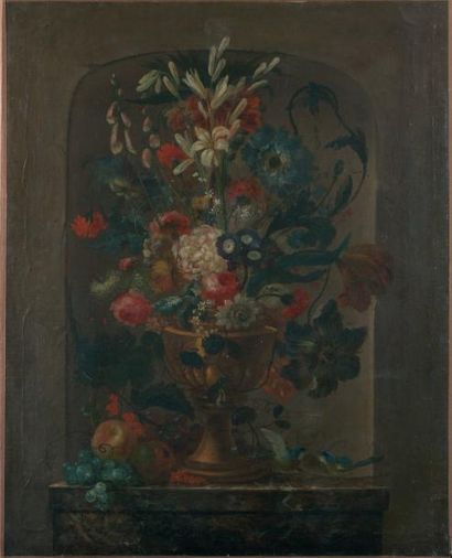 Ecole française du début du XIXe siècle Vase de fleurs sur un entablement Toile anciennement...
