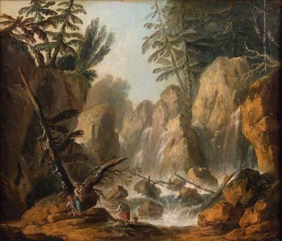 Louis Philippe CREPIN (Paris 1772 - 1851) Lavandières au bord d'une cascade de montagne...