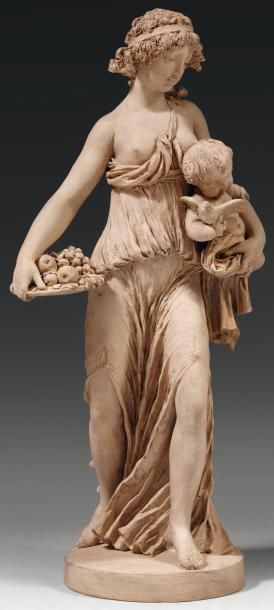 Claude Michel dit CLODION (1738 - 1814) Bacchante portant un enfant et un plateau...