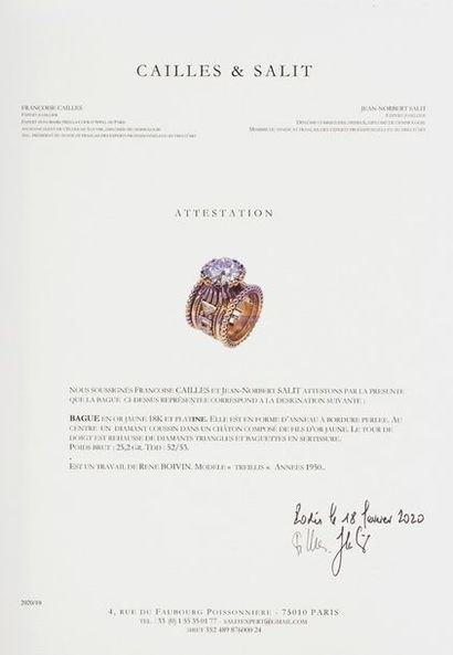 RENE BOIVIN Large BAGUE modèle «Treillis», à bords perlés, en platine (950 millièmes)...