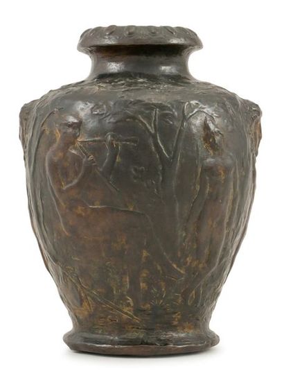 Henry CROS (1840-1907) ° Pastorale, c. 1895
Bronze vase with brown patina and conical...