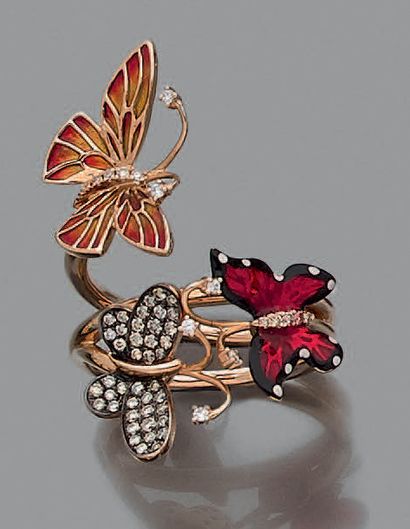 null RING "three butterflies" in pink gold (750 thousandths) articulated, set with...