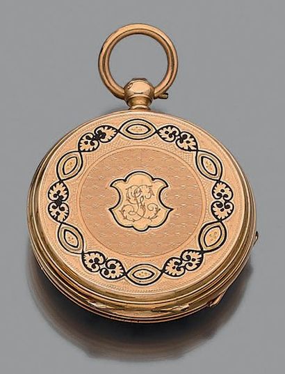 null Small POCKET WATCH in pink gold (750 thousandths) chased, guilloché, monogrammed...