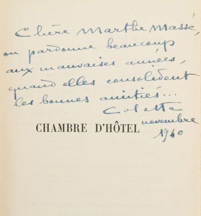 COLETTE Hotel rooms. Paris, Arthème Fayard, 1940. In-12, marbled paper bradel, gilt...