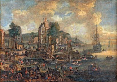 Pieter CASTEELS II (actif à Anvers vers 1650 - 1674) Vue d'un port de pêche
Toile.
21,5...