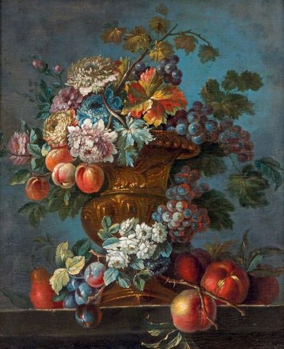 Ecole Italienne du XVIIIe siècle Flower vase on entablature with fruit
Canvas.
64,5...