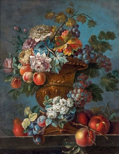 Ecole Italienne du XVIIIe siècle Flower vase on entablature with fruit
Canvas.
64,5...