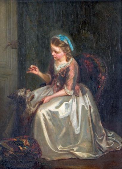 École FRANÇAISE de la fin du XIXe siècle Jeune femme jouant avec son chien Sur sa...