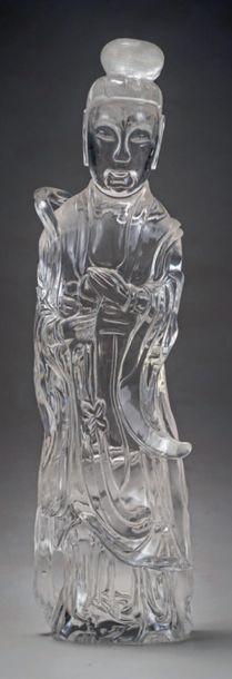 CHINE - XXe siècle Statuette de guanyin debout en cristal de roche sculpté, les cheveux...