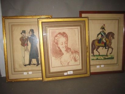 null Lot de 3 gravures en couleur:
Portrait de femme d'après une sanguine
"Kellermann,...