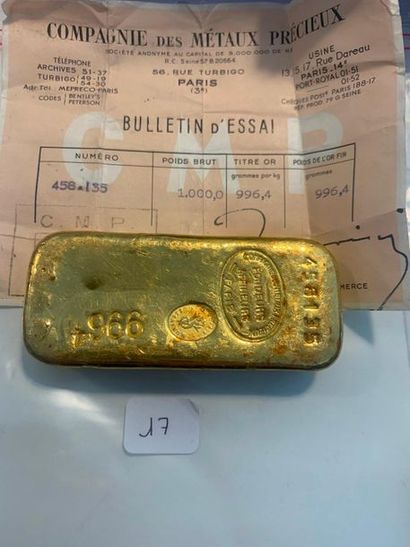 null 
Lingot en or avec son bulletin d'essai de la Compagnie des métaux précieux,...