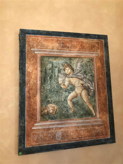 null Deux toiles décoratives dans le goût romain, en trompe l'oeil.

61 x 49,5 c...