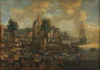 Pieter CASTEELS II (Actif à Anvers, vers 1650-1674) Vue d'un port de pêche
Toile.
21,...