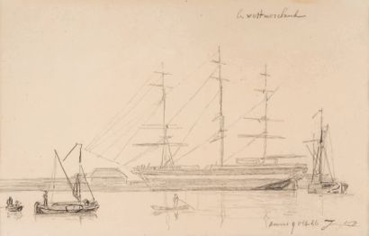 Johan Barthold JONGKIND (1819-1891) Le Westmoreland à quai, Anvers, 1866
Crayon noir.
(Taches).
27,6...