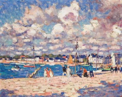 Clarence Montfort GIHON (1871-1929) Promenade sur le port Huile sur toile, signée...