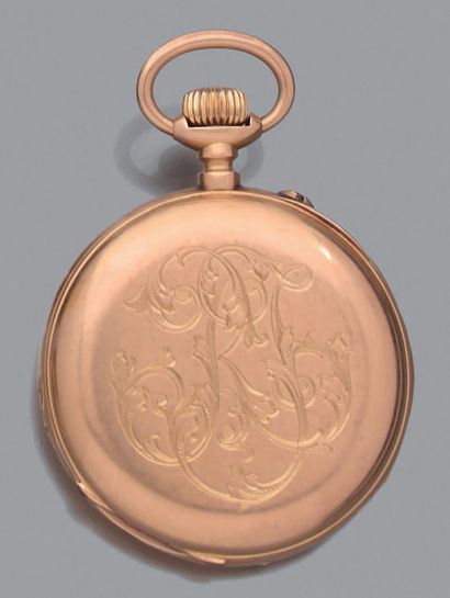 null Yellow gold (750‰) monogrammed POCKET WATCH. White enamel dial, double minute...