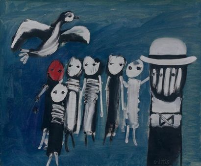 Yannis GAITIS (1923-1984) Figures et oiseau Huile sur toile signée en bas à droite....