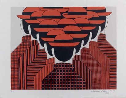 Yannis GAITIS (1923-1984) Personnages rouges de dos Lithographie en couleurs, numérotée...