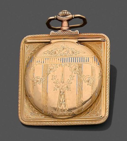 null Yellow gold (750%) square SAVONNETTE POCKET WATCH, fully chased, with garlands,...