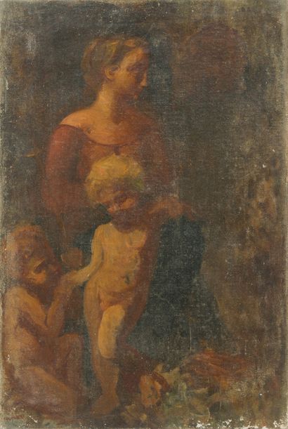 Ecole Italienne du XIXe siècle Vierge à l'Enfant avec saint Jean-Baptiste
Toile.
72...
