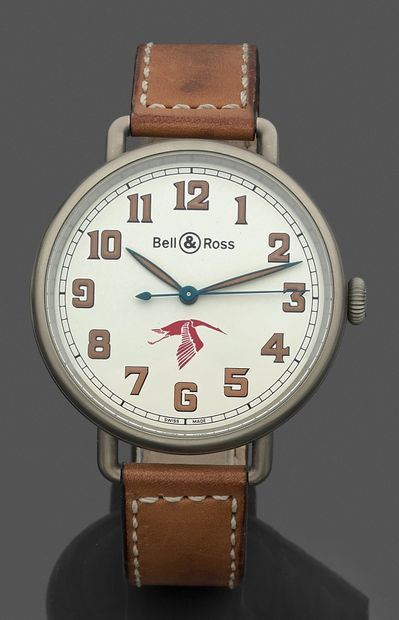 BELL & ROSS BRACELET WATCH round model "WW1
Guynemer" in steel. Cream dial, railway,...