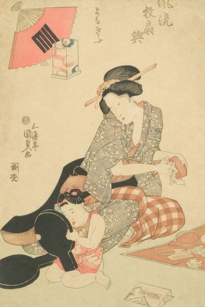 Utagawa Kunisada (1786-1865) Oban tate-e, a young woman sitting cleaning a comb,...