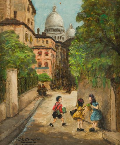 CHARLES COUSIN (1904-1972) Enfants à Montmartre, rue Nourvins
Huile sur panneau d'isorel.
Signée...
