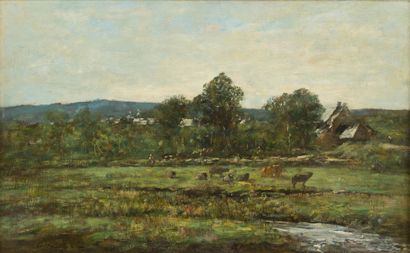Eugène BOUDIN (1824-1898) Vaches au pré, vers 1885-1890
Huile sur toile.
Signée en...