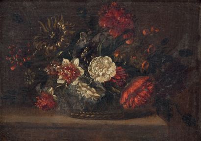 ATTRIBUÉ À NICOLAS BAUDESSON (1611-1680) Corbeille de fleurs sur un entablement
Toile.
23...