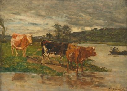 Eugène BOUDIN (1824-1898) Vaches au bord de la Touques
Huile sur panneau parqueté.
Signée...