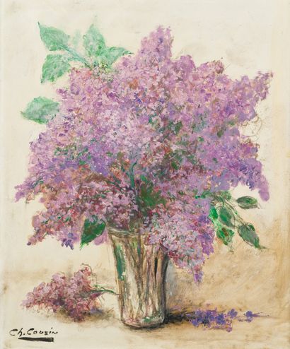 CHARLES COUSIN (1904-1972) Vase of Lilacs
Oil on isorel panel.
Signed lower left.
65...