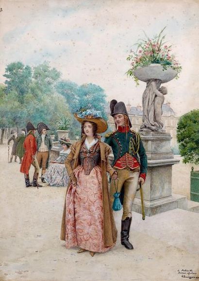 Gustave BOURGAIN (1855-1921) Couple au jardin du Luxembourg Aquarelle signée en bas...