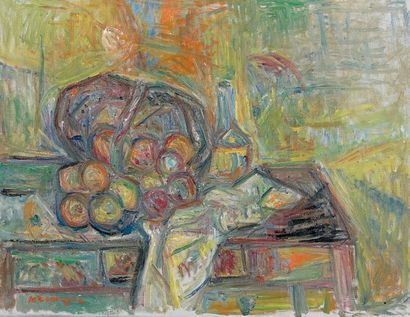 Pinchus KREMEGNE (1890-1981) Nature morte aux fruits et carafe Huile sur toile, signée...