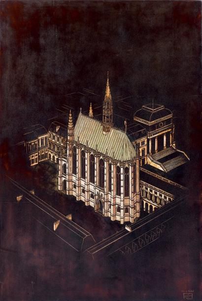Pierre BOBOT (1902-1975) « La Sainte Chapelle », c. 1955 Panneau en laque brune à...
