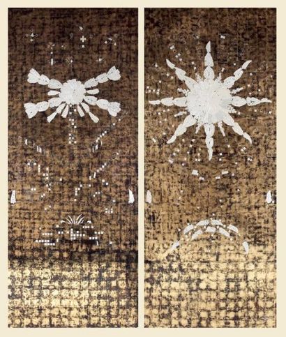 Pierre BOBOT (1902-1975) « Fleurs éclatées » Deux panneaux en laque brune à feuilles...