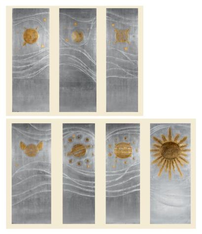 Pierre BOBOT (1902-1975) « Jupiter, Vénus, Lune et Soleil » Suite de sept panneaux...